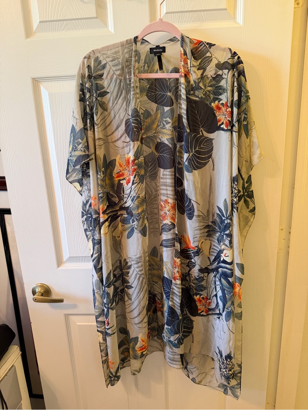 Modern Eternity Floral Kimono Cardigan in Light Gray with Navy & Orange Accents